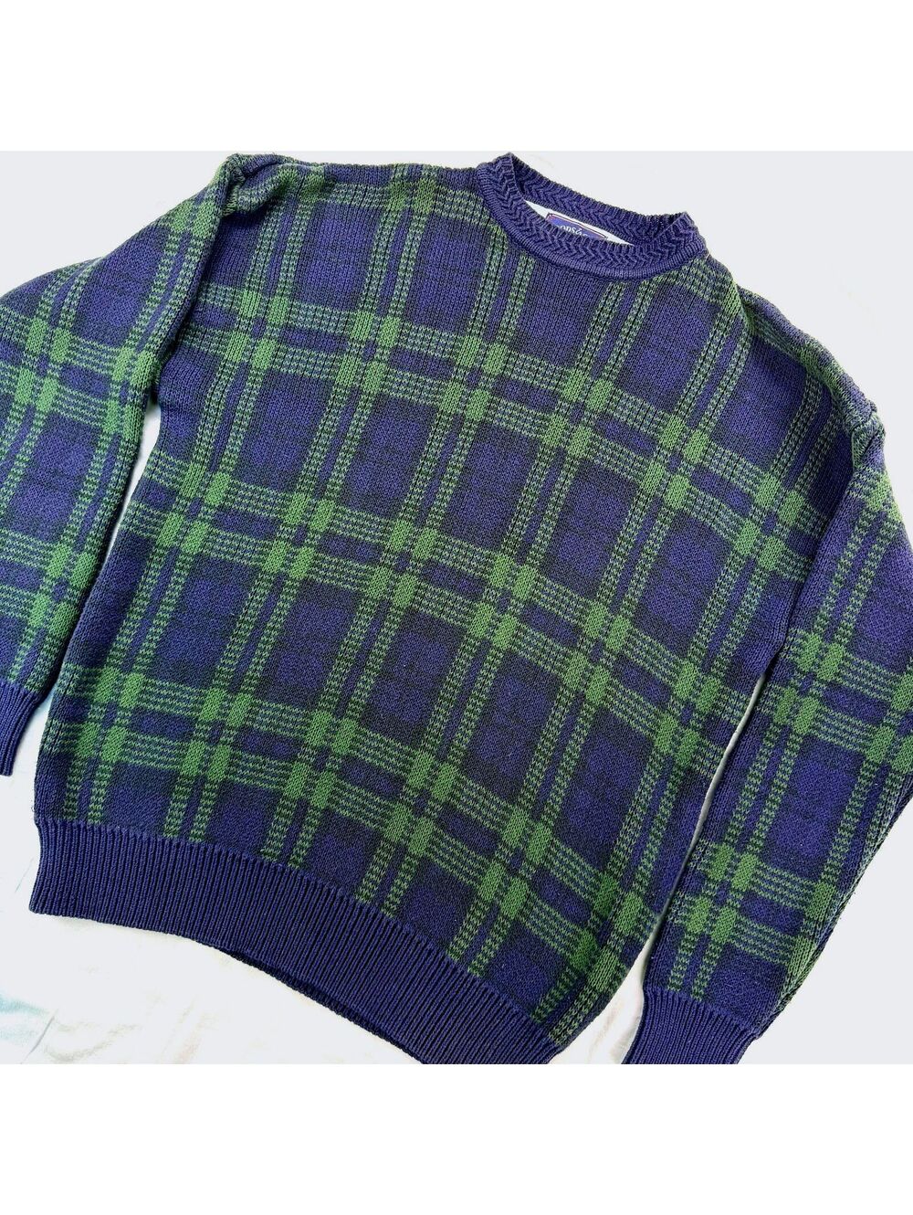 Vintage Woods & Gray Mens M Plaid Sweater Navy Green Cotton Knit 90s Grandpa - Picture 1 of 10